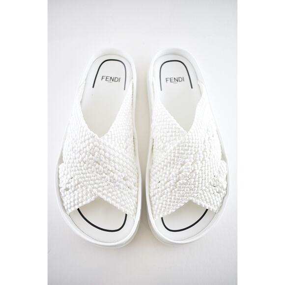 Fendi White Criss Cross Woven Logo Mule Slide Slip On Flat Flip Flop Sandal 35.5 - Picture 8 of 12